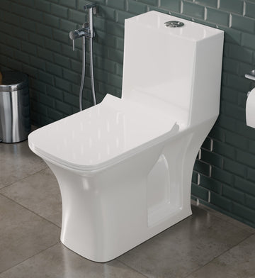 InArt One Piece Ceramic Western Floor Mounted Water Closet, European Commode with Soft Close Seat Cover, Lavatory Toilets - S-Trap Outlet, 66.5cm x 35cm x 75cm - White OPT051