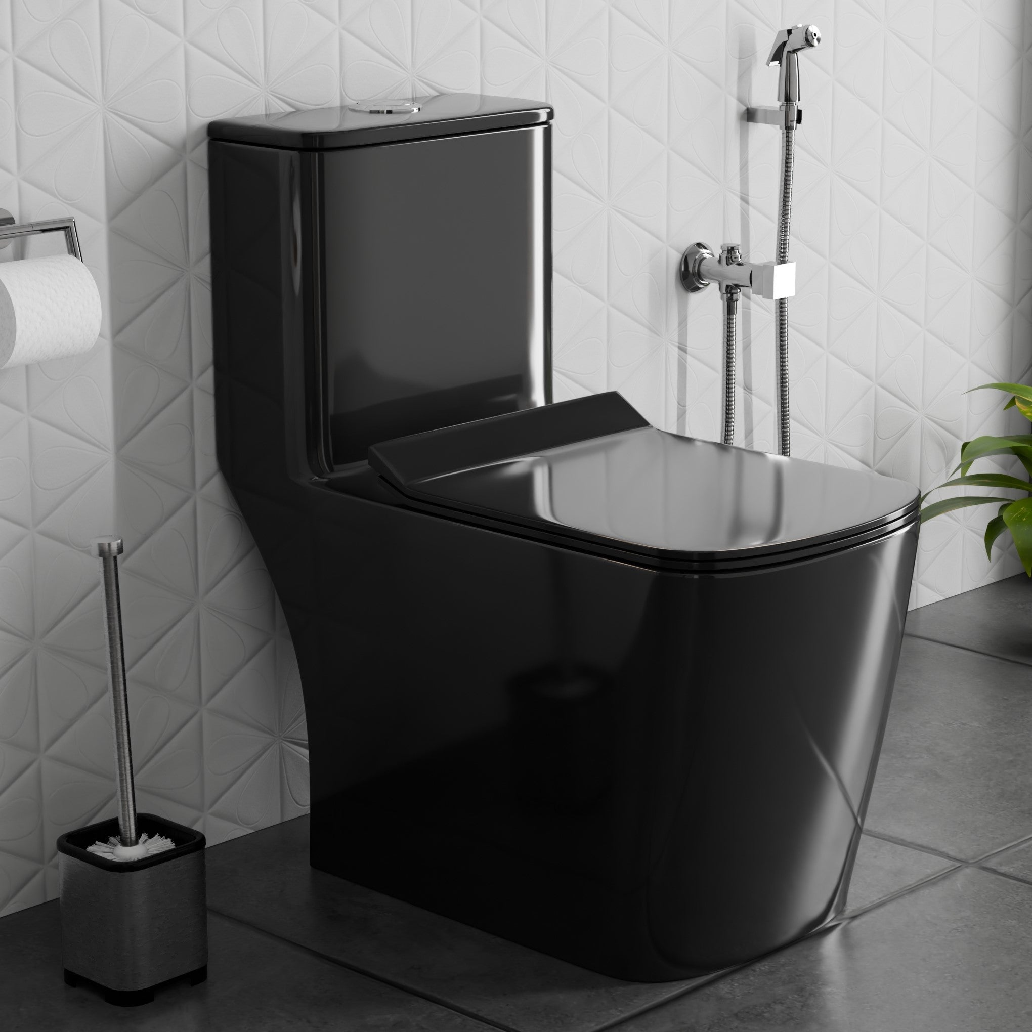 InArt Ceramic Floor Mounted Western Toilet - European Water Closet Syphonic with Soft Close Hydraulic Seat Cover and Rimless Dual Flush System, S-Trap (66cm x 37cm x 74cm)(One Piece Toilet, Black) OPT053