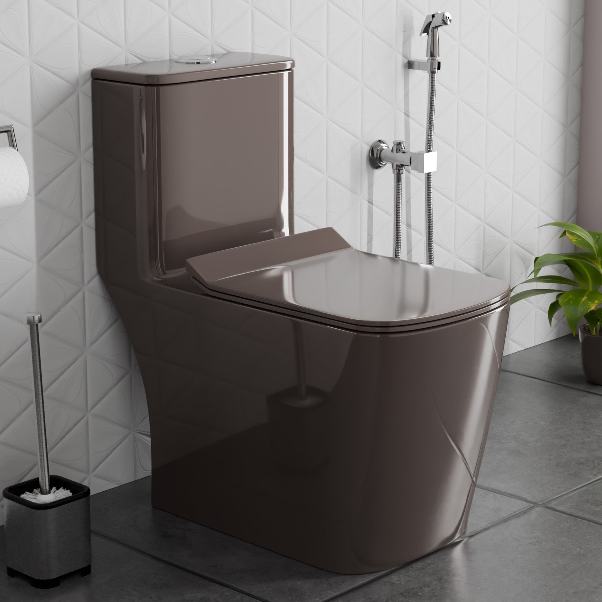 InArt Ceramic Floor Mounted Western Toilet - European Water Closet Syphonic with Soft Close Hydraulic Seat Cover and Rimless Dual Flush System, S-Trap (66cm x 37cm x 74cm)(One Piece Toilet, Brown) OPT055