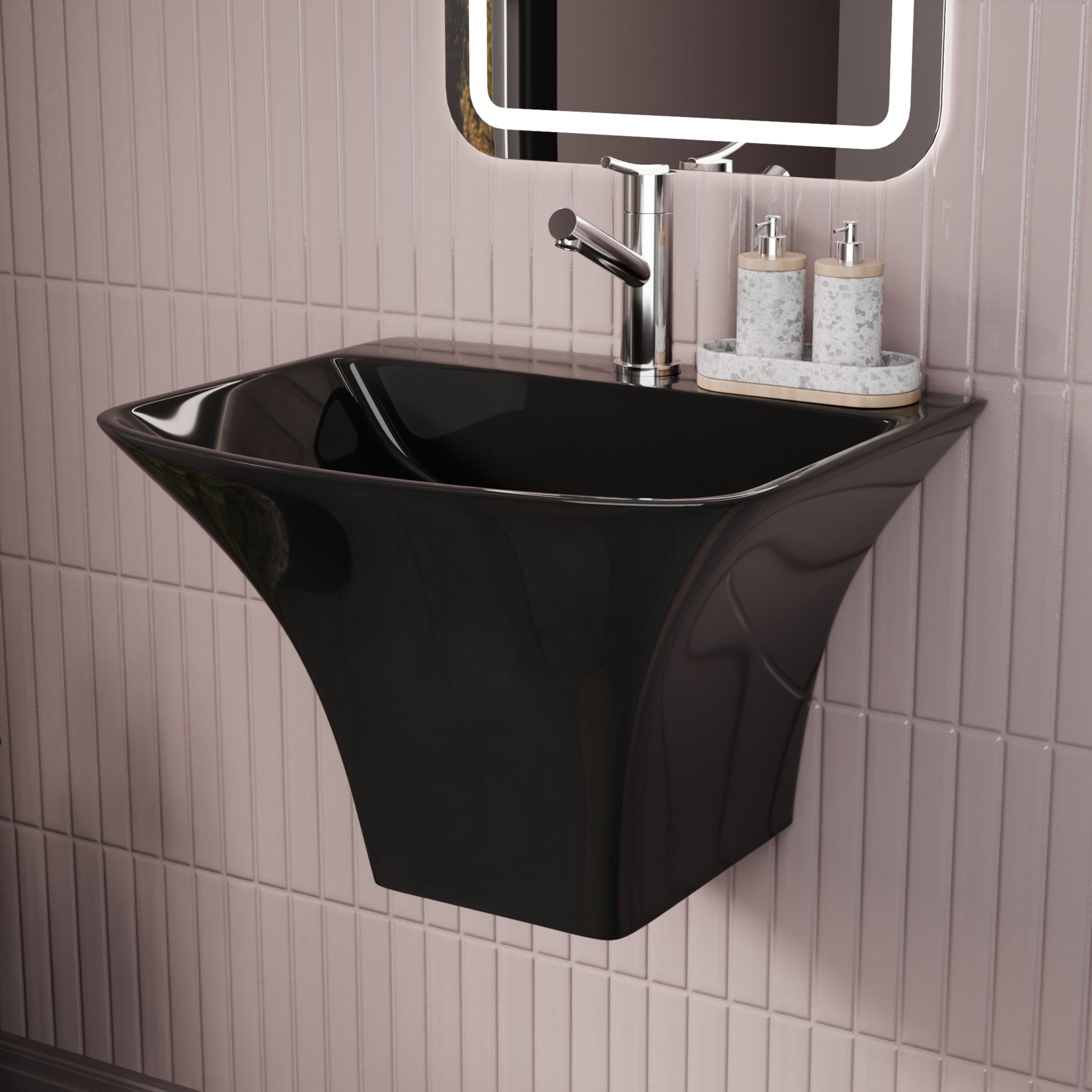 InArt Wall Hung Premium Ceramic Wash Basin/Vessel Sink with Slim Rim for Bathroom, 19 x 17 x 13 Inch Half Pedestal, (Black, Polished Finish) HPD009