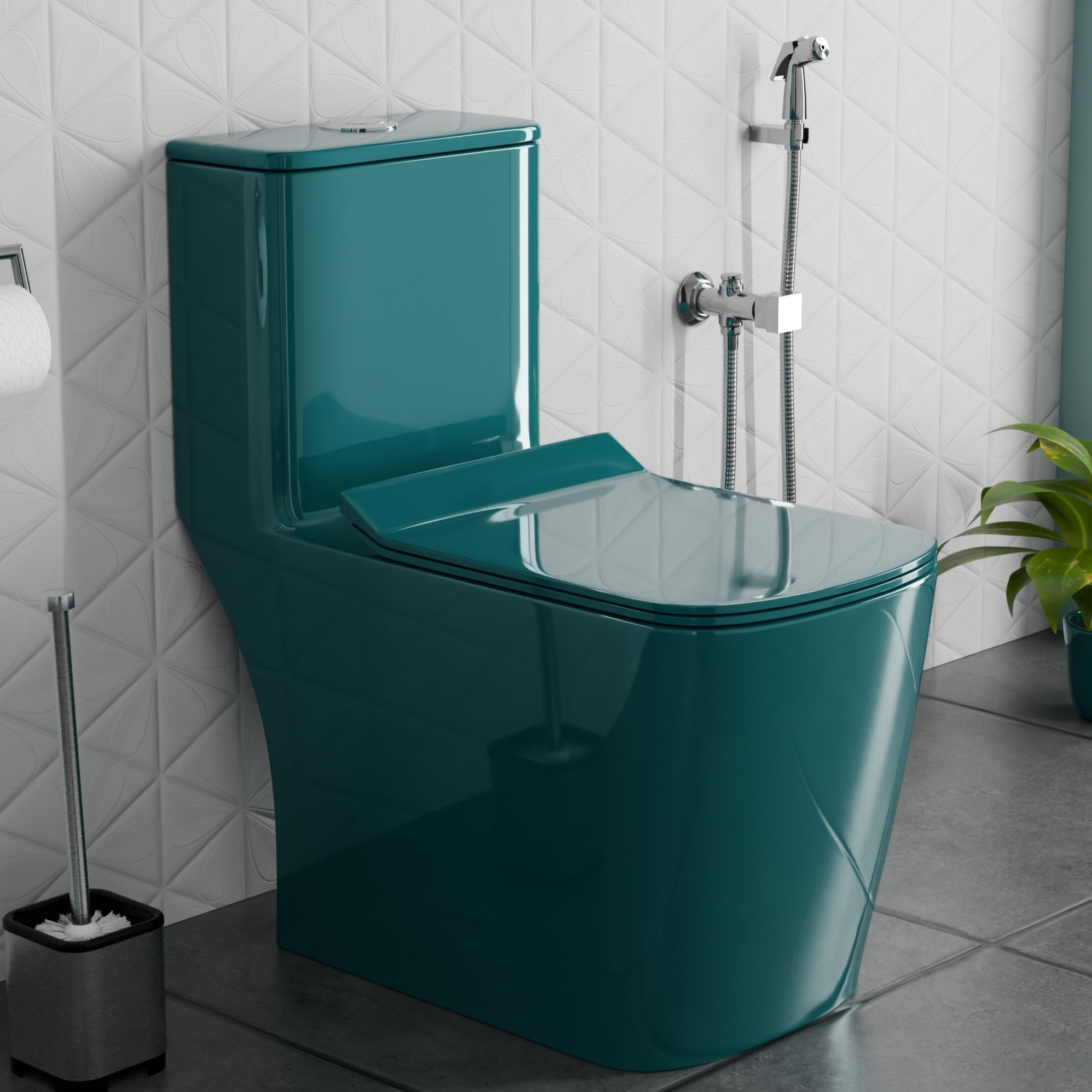 InArt Ceramic Floor Mounted Western Toilet - European Water Closet Syphonic with Soft Close Hydraulic Seat Cover and Rimless Dual Flush System, S-Trap (66cm x 37cm x 74cm)(One Piece Toilet, Green) OPT056