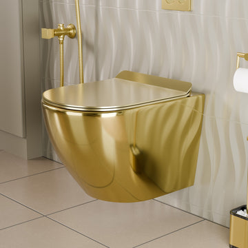 InArt Ceramic Wall Hung or Wall Mounted Designer (Clean Rim) Rimless Water Closet Toilet with Soft Seat Cover Gold DWH029 DWH029