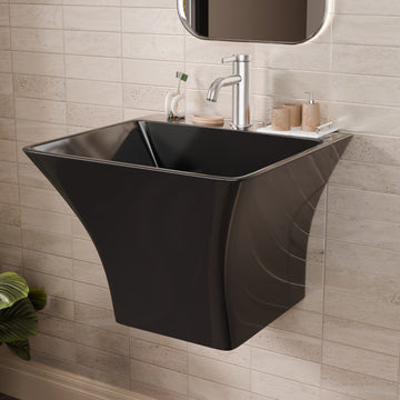 InArt Wall Hung Premium Ceramic Wash Basin/Vessel Sink with Slim Rim for Bathroom, 18 X 18 Half Pedestal, (Black, Polished Finish) HPD008