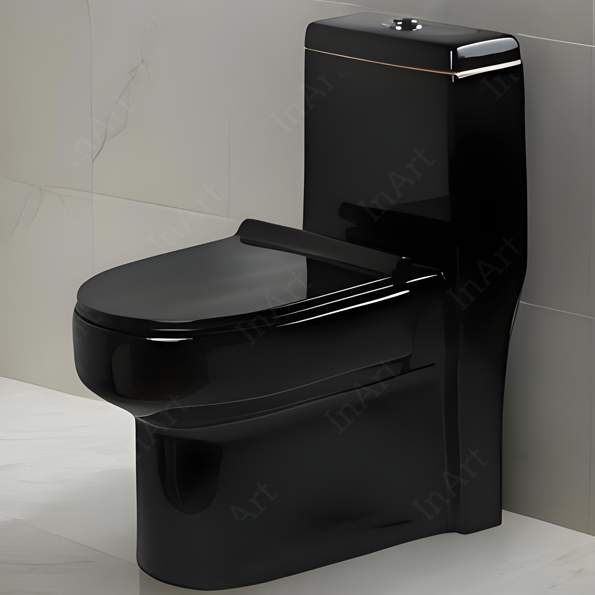 InArt Ceramic One Piece Western Toilet Commode - European Commode Water Closet With Soft Close Seat Cover S Trap Black Glossy OPD002