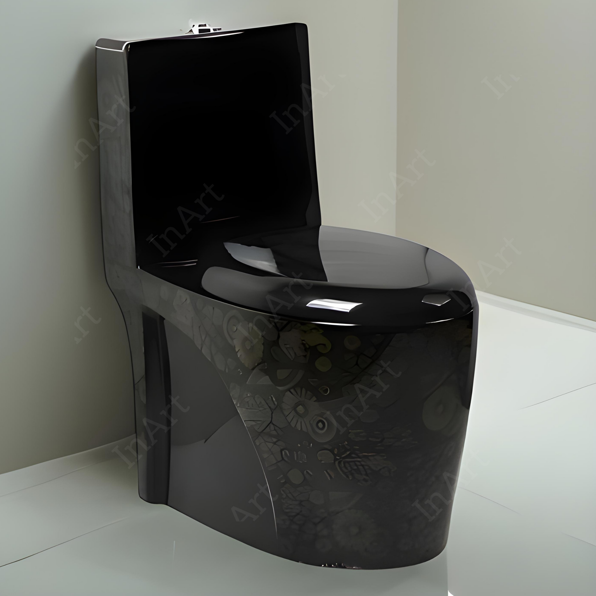 InArt Ceramic One Piece Western Toilet Commode - European Commode Water Closet With Soft Close Seat Cover S Trap Gold Black Printed OPD004