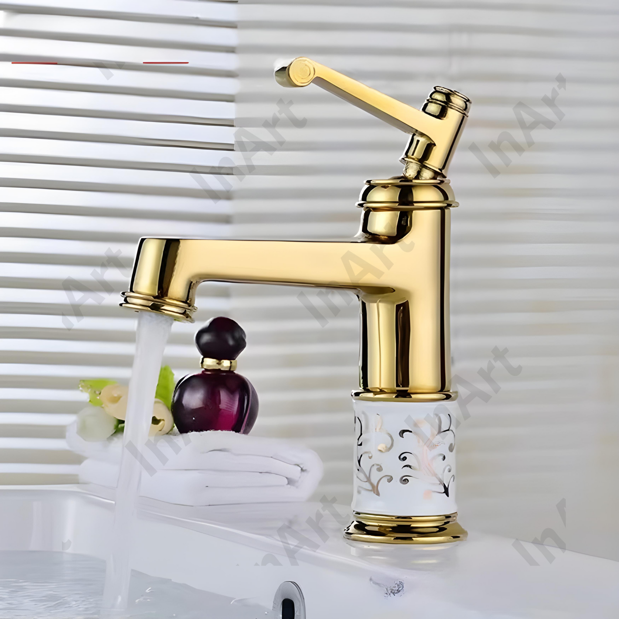 InArt Gold Finish Basin Pillar Tap - Hot & Cold Mixer, Single Handle, Waterfall Design, Table Mount BF006