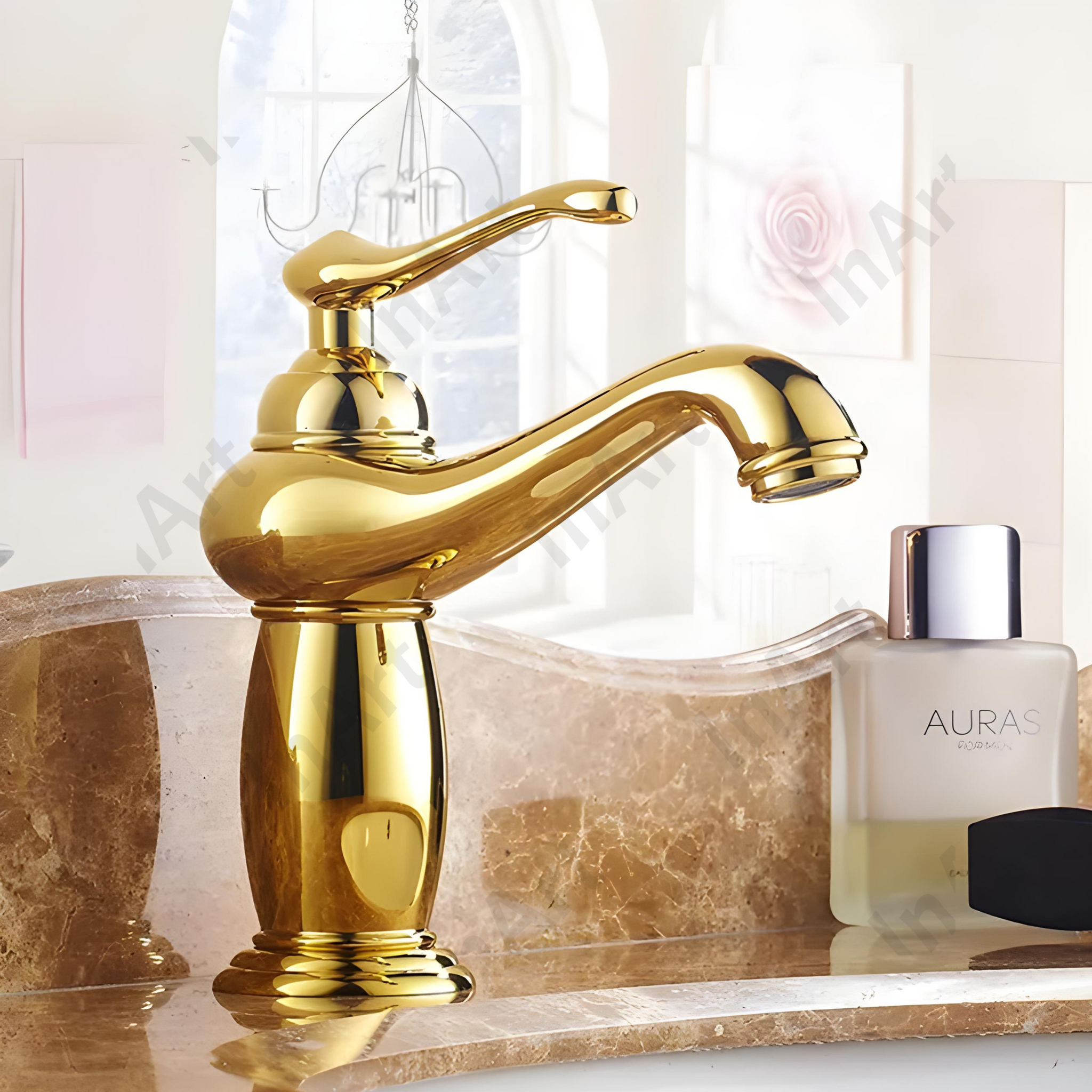 InArt Brass with Gold Finish Basin Pillar Cock Tap - Hot & Cold Mixer, Single Handle, Waterfall Design, Deck Mount BF011