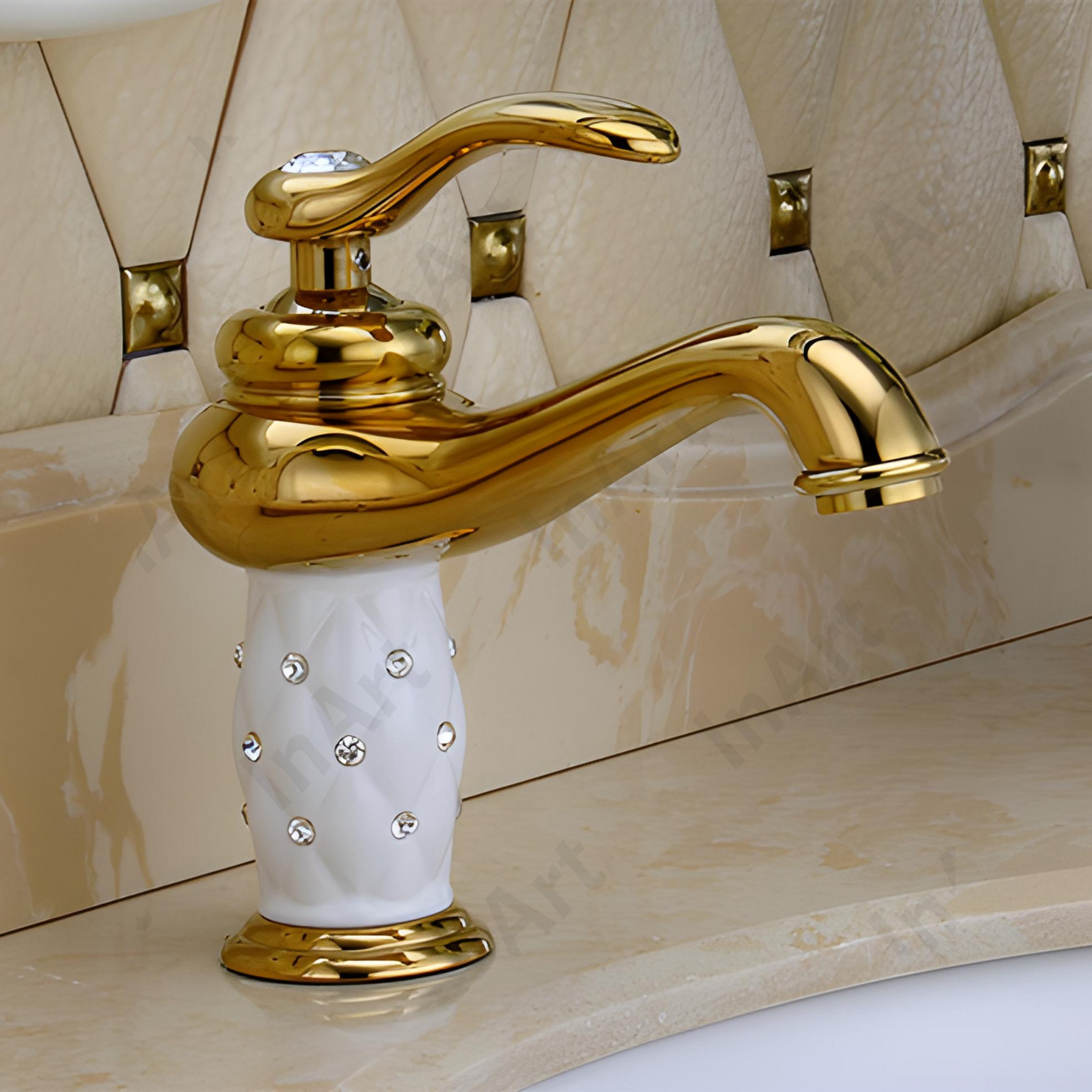 InArt Gold Finish Basin Pillar Cock Tap - Hot & Cold Mixer, Single Handle, Waterfall Design, Deck Mount BF013