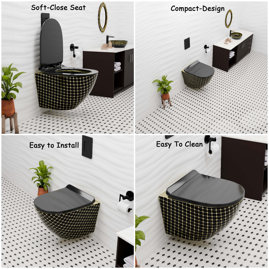 InArt Ceramic Wall Hung or Wall Mounted Designer (Clean Rim) Rimless Water Closet Toilet with Soft Seat Cover Gold Black Color DWH018