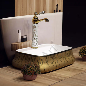 InArt Designer Ceramic Wash Basin, Vessel Sink, Over or Above Counter Top, Rectangle Shape, Gold White, 21 x 14.5 x 5 Inch – Luxury Bathroom Sink DW322