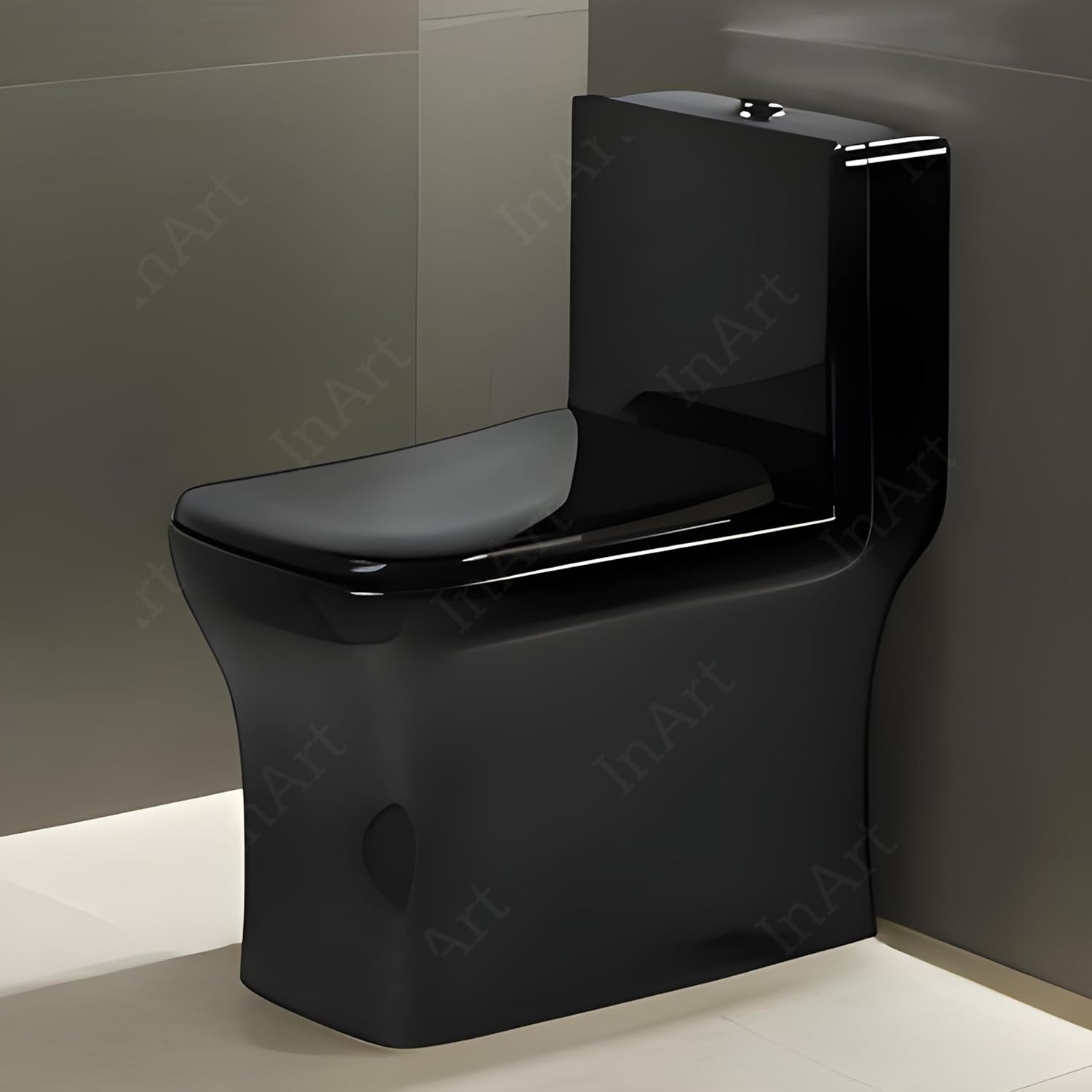 InArt Ceramic One Piece Western Toilet Commode - European Commode Water Closet With Soft Close Seat Cover S Trap Black Glossy Rectangle OPD003