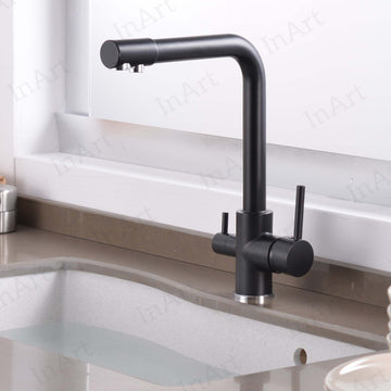 InArt Kitchen Sink Faucet with 360° Swivel Spout, Brass, 3-Way Water Filter, Dual Lever, Deck Mounted (Black) KSF048