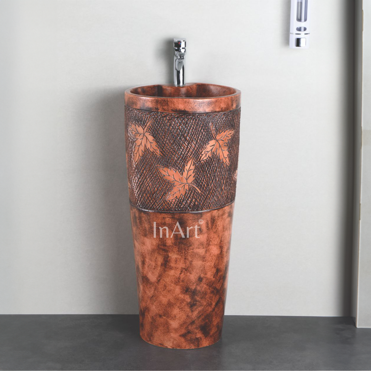 InArt Ceramic One Piece Pedestal Wash Basin Free Standing Round Wooden