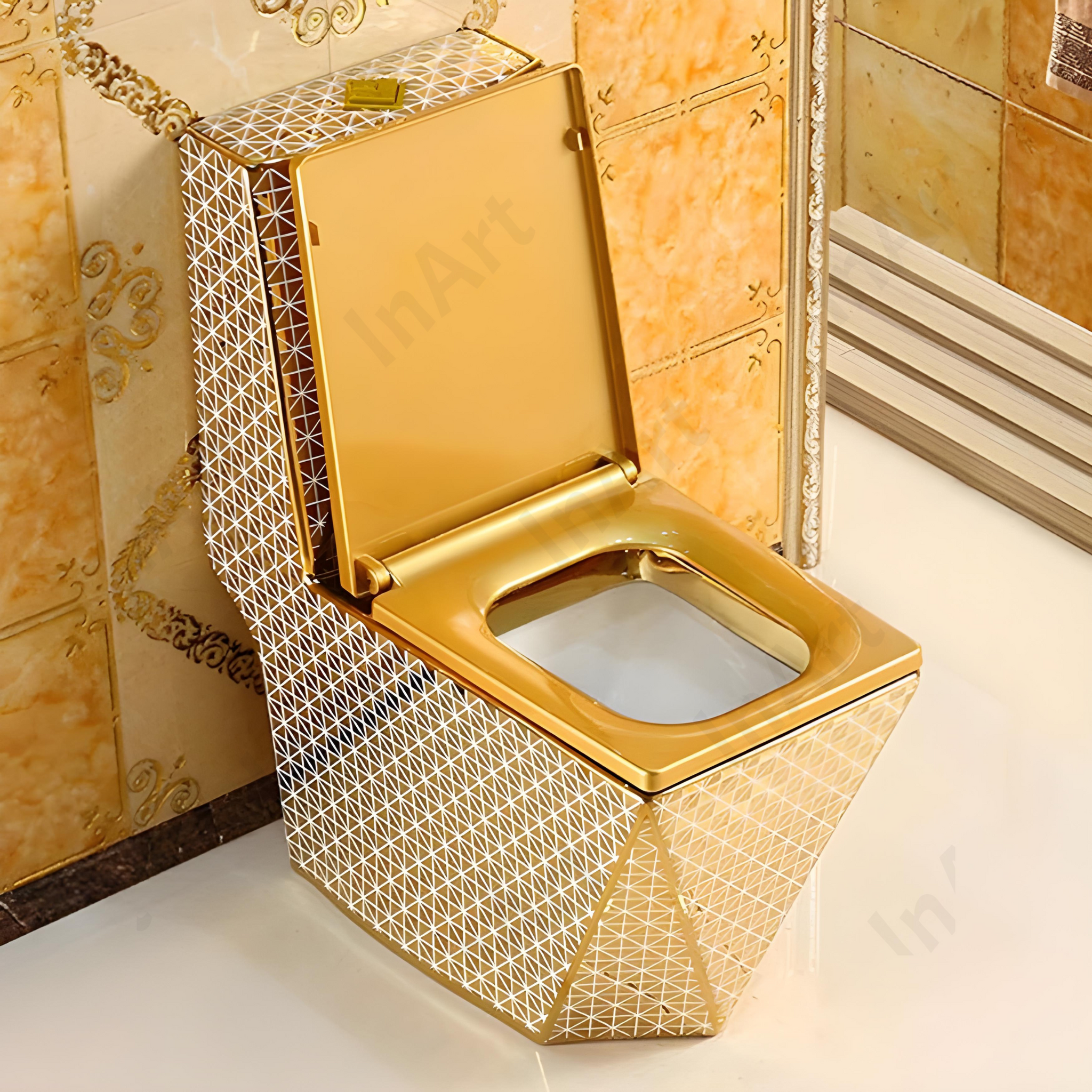 InArt Premium Floor Mounted One Piece Water Closet, Ceramic Western Toilet, S-Trap Outlet, Soft Close Seat, 68x35x82 cm, Gold OPD049