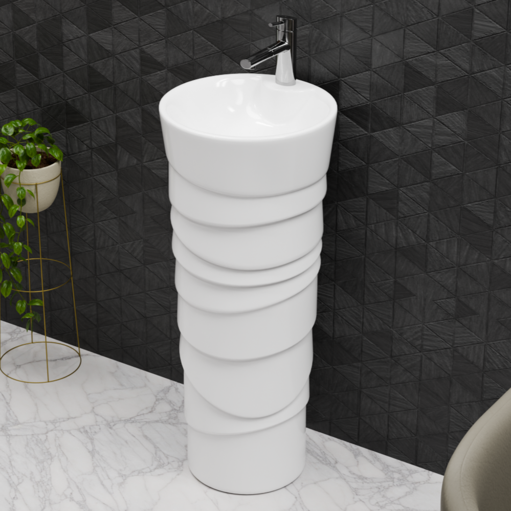 InArt One Piece Ceramic Pedestal Round Wash Basin | Modern Freestanding Design | 15x15x34 Inches | White PW043