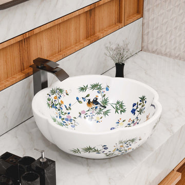 InArt Moroccan Ceramic White Floral Wash Basin - Countertop Tabletop Basin for Bathroom/Home/Office/Hotels (16.5 x 16.5 x 5.5 Inch) DW346