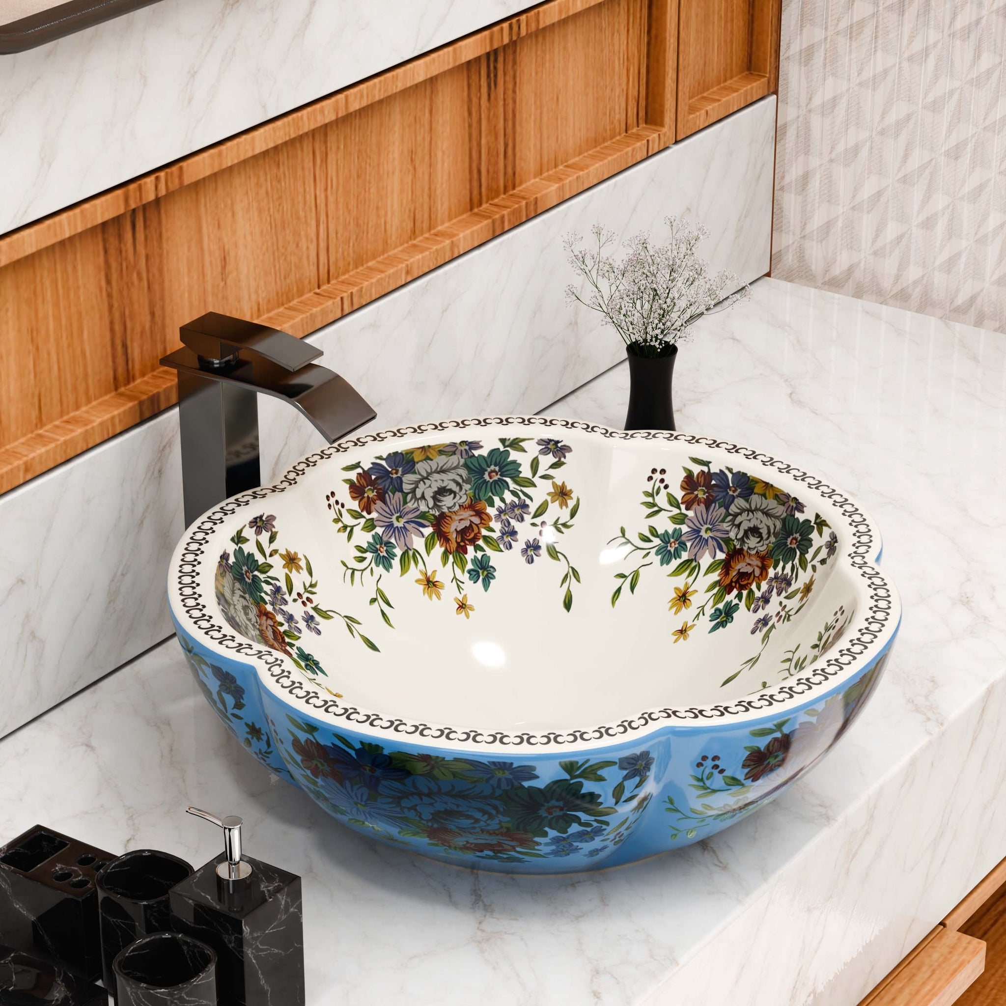 InArt Moroccan Ceramic Blue Floral Wash Basin - Countertop Tabletop Basin for Bathroom/Home/Office/Hotels 17 x 17 x 5.5 Inch DW340