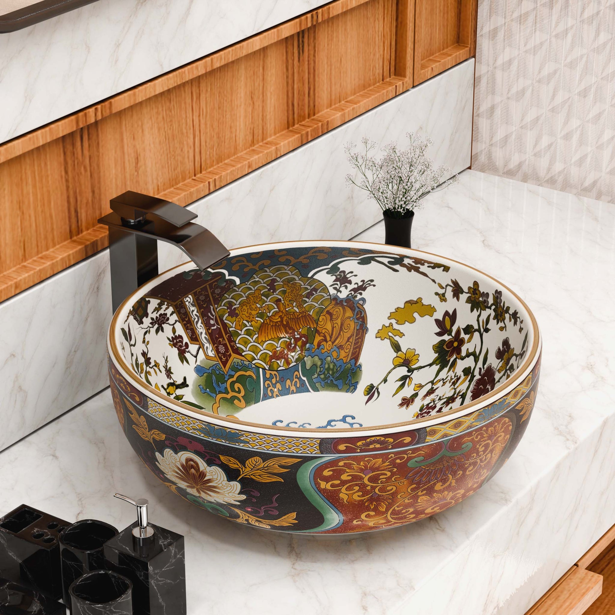 InArt Moroccan Ceramic Multi-Color Floral Wash Basin - Countertop Tabletop Basin for Bathroom/Home/Office/Hotels (16.5 x 16.5 x 5.5 Inch)  DW341