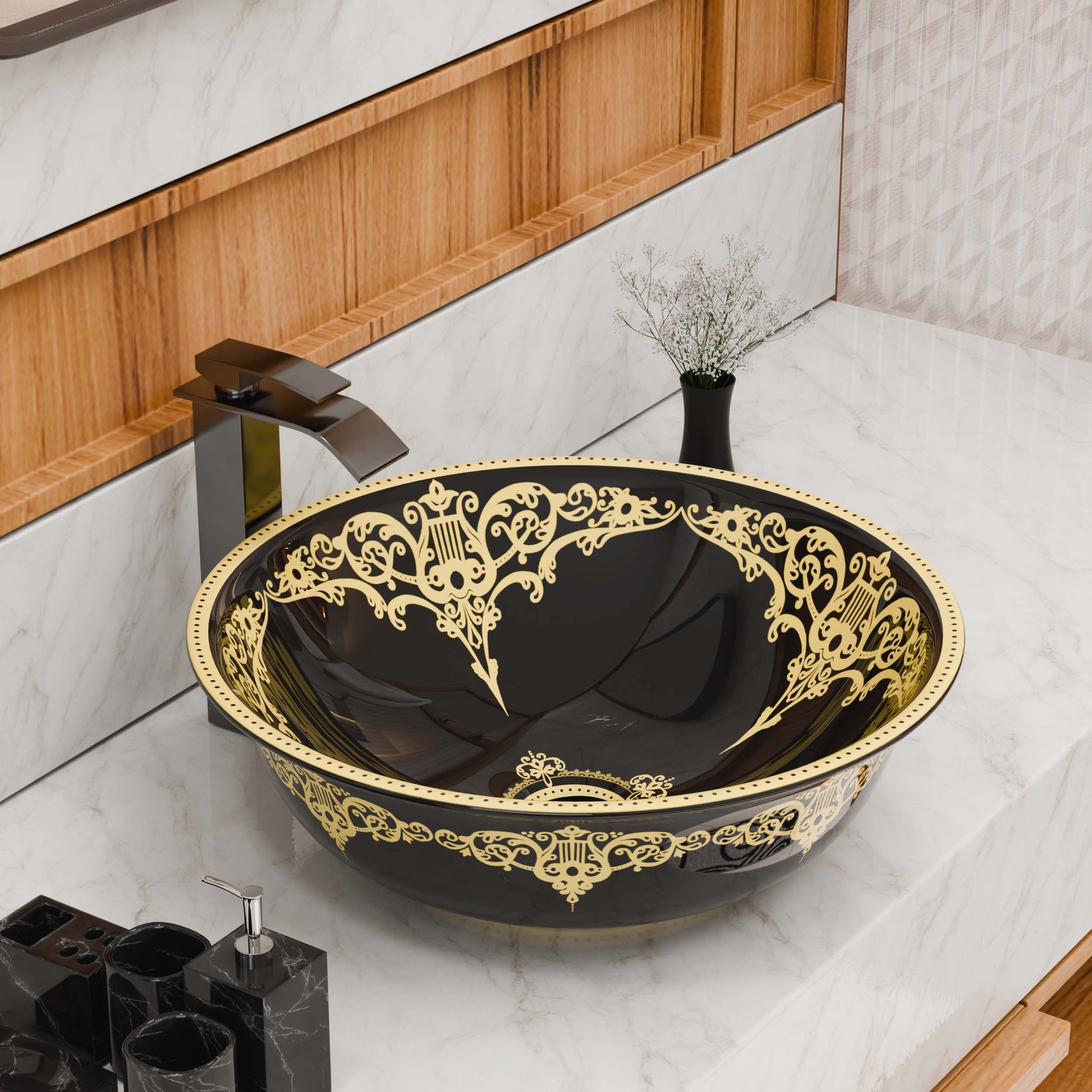 InArt Moroccan Ceramic Black Gold Wash Basin - Countertop Tabletop Basin for Bathroom/Home/Office/Hotels (16.5 x 16.5 x 5.5 Inches) DW342