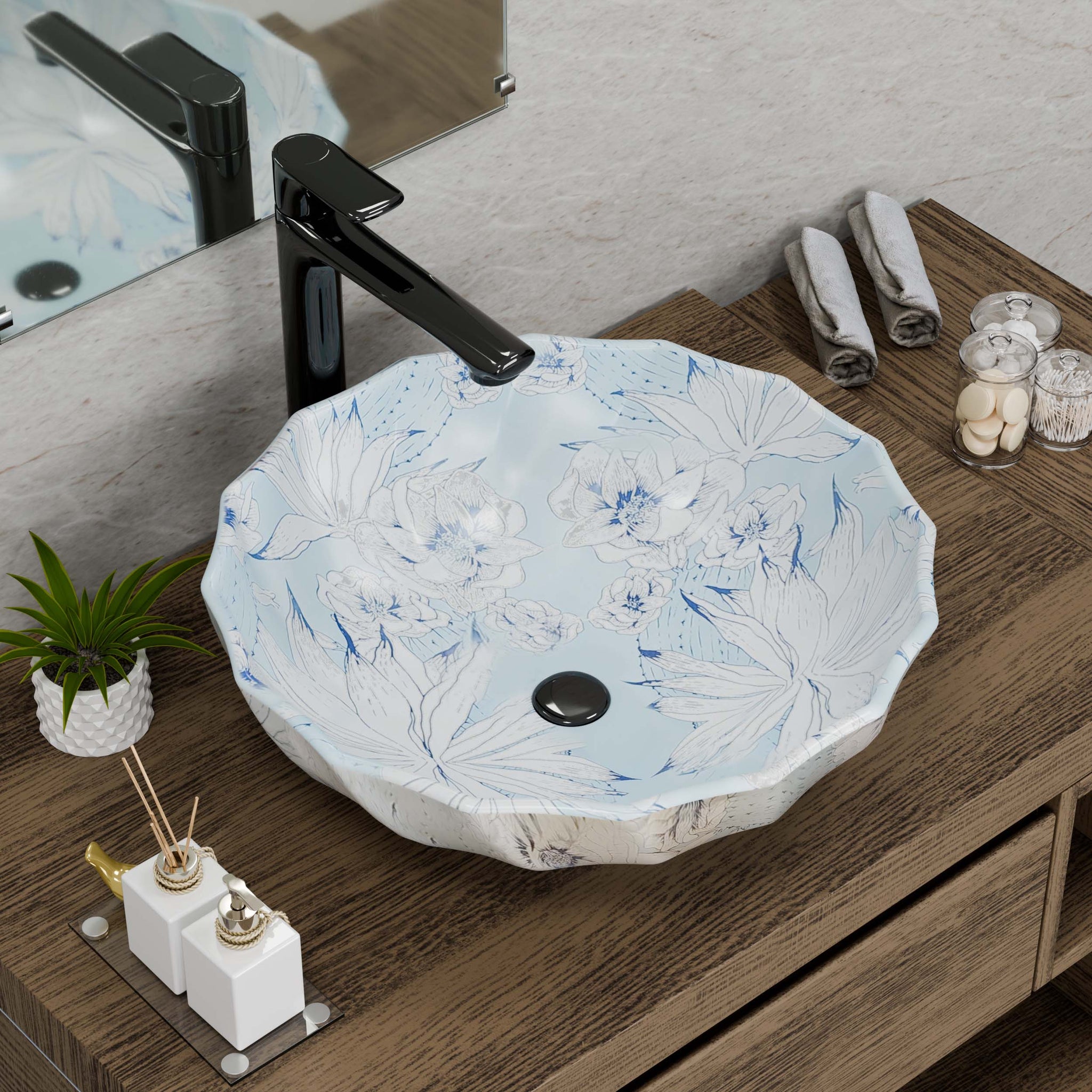 InArt Ceramic Light Blue Round Wash Basin - Designer Vessel Sink for Bathroom (18 x 18 x 6 Inch) DW339