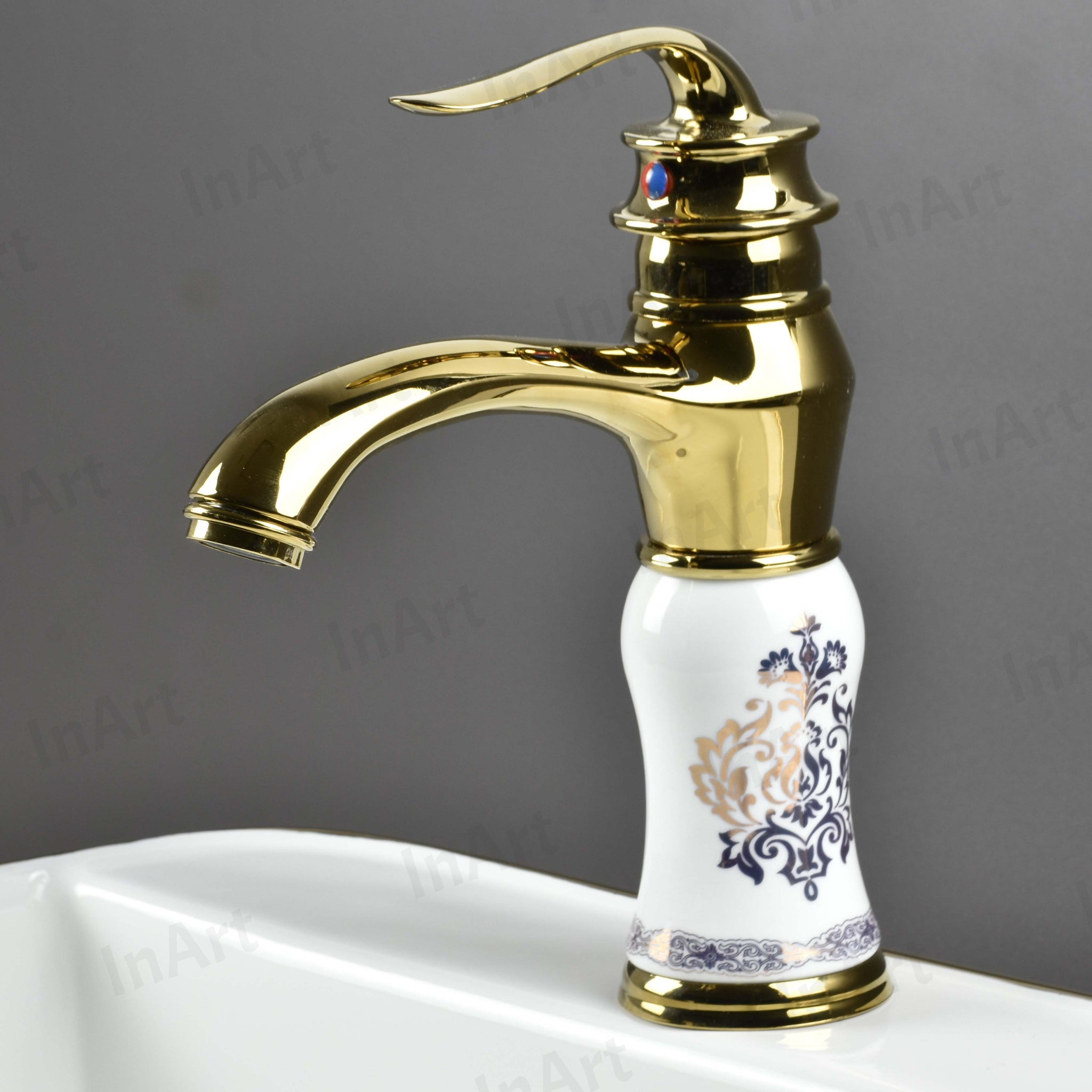 InArt Gold White Finish Basin Tap - Hot & Cold Mixer, Single Handle, Waterfall Design, Table/Deck Mount BF004