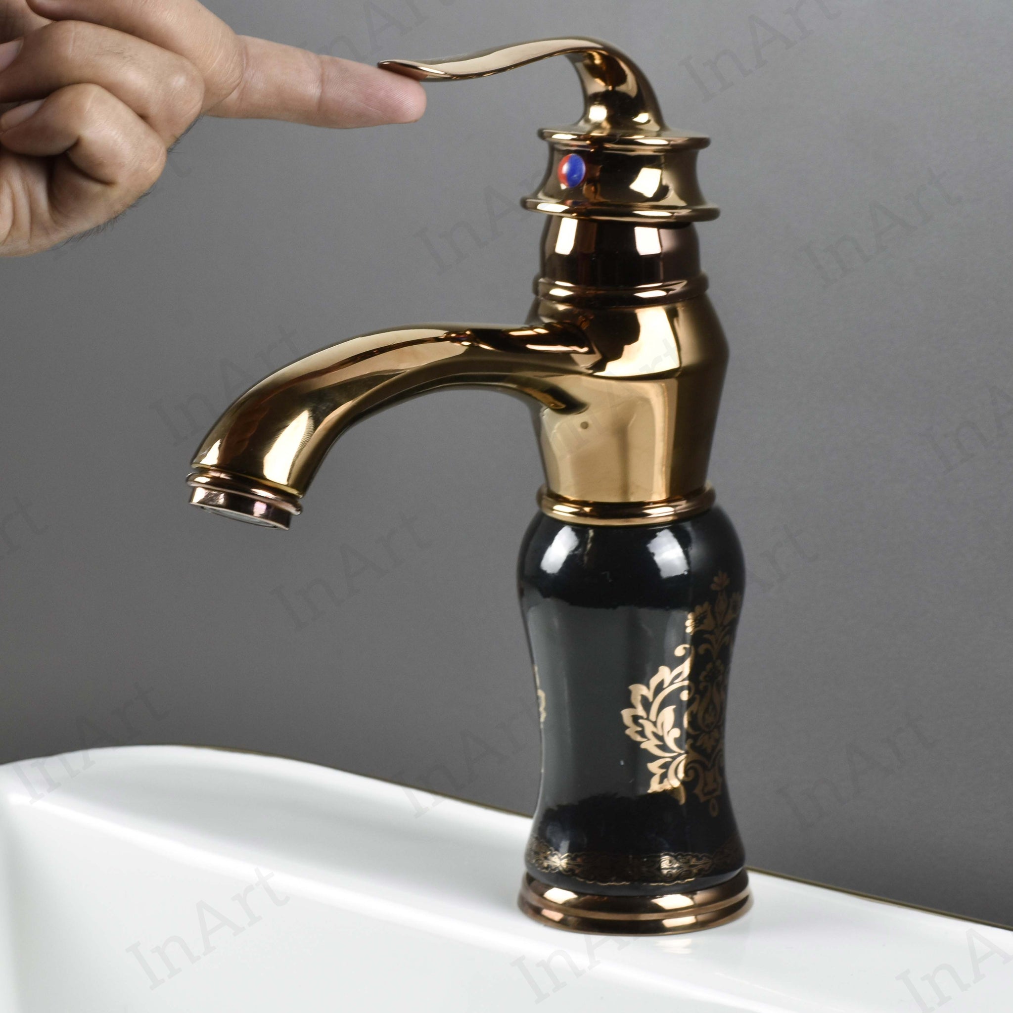 InArt Black Rose Gold Basin Pillar Cock Tap - Hot & Cold Mixer, Single Handle, Waterfall Design, Table Mount BF003