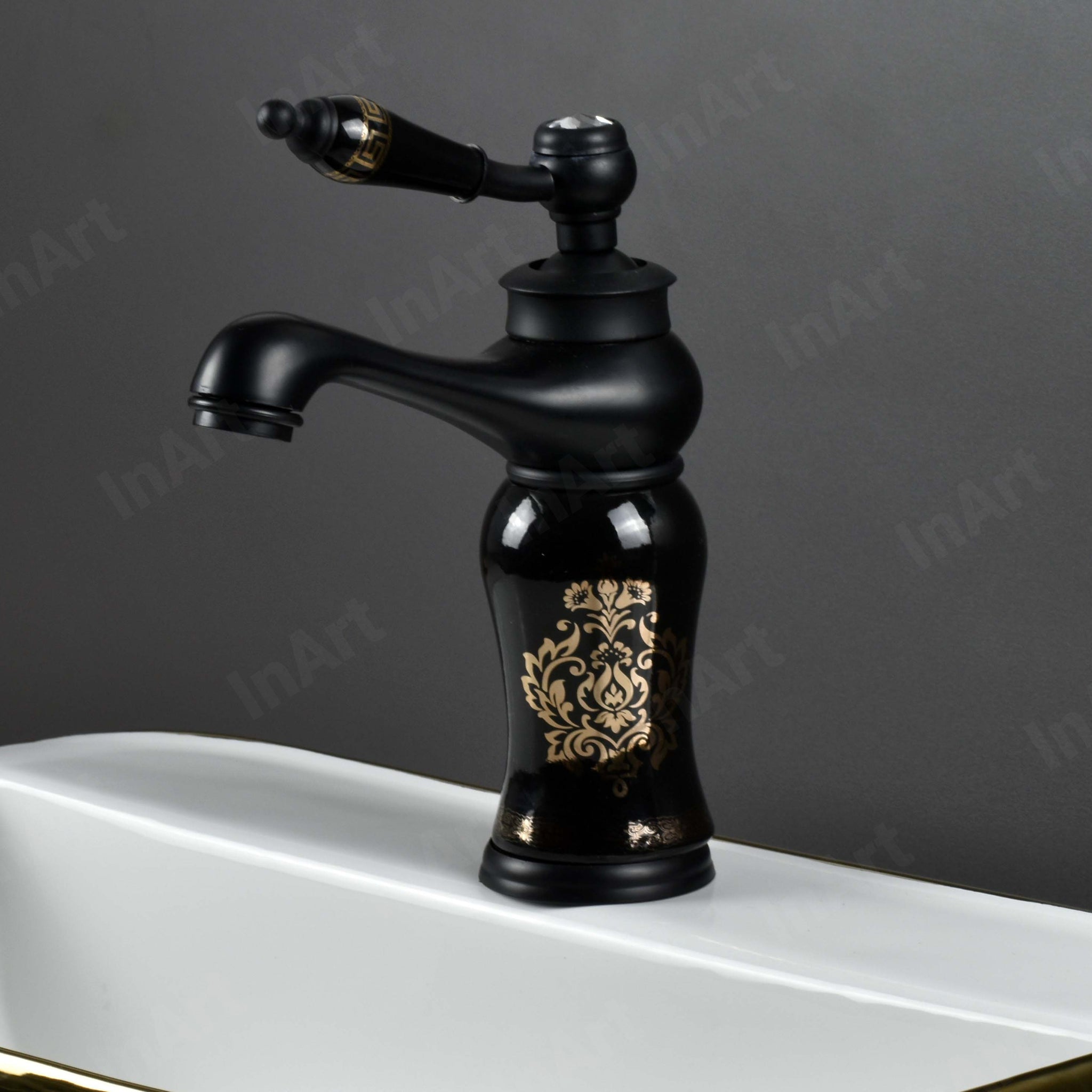 InArt Black Glossy Finish Basin Pillar Cock Tap - Hot & Cold Mixer, Single Handle, Waterfall Design, Deck Mount BF009