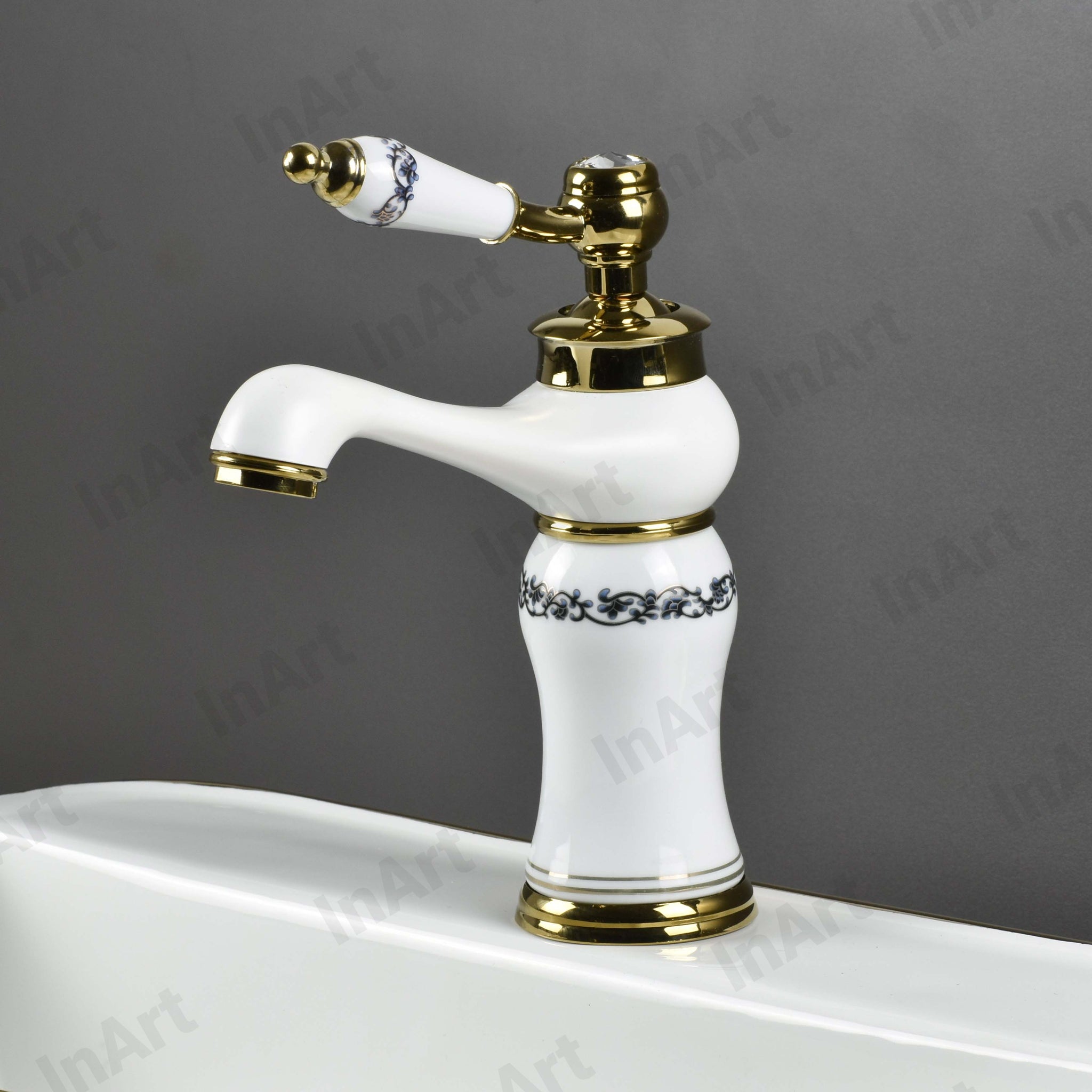 InArt White Gold Glossy Basin Pillar Tap - Hot & Cold Mixer, Single Handle, Waterfall Design, Deck Mount BF007