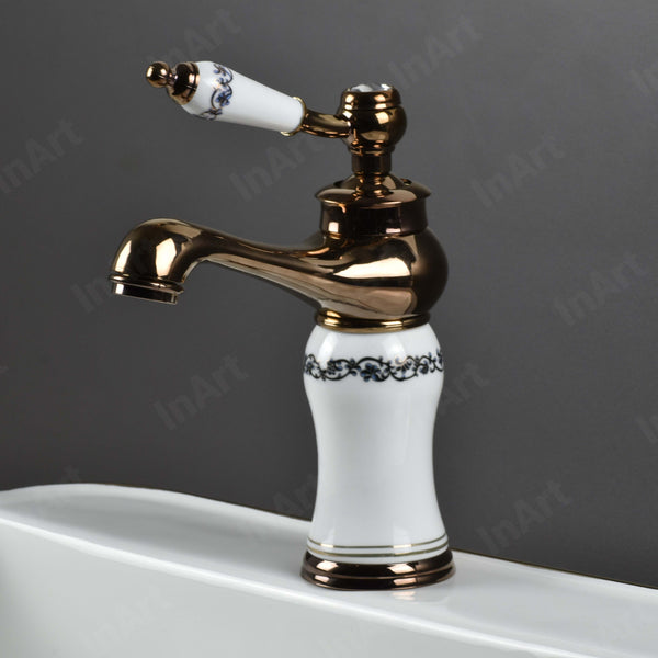 InArt Rose Gold Glossy Finish Basin Tap - Hot & Cold Mixer, Single Han