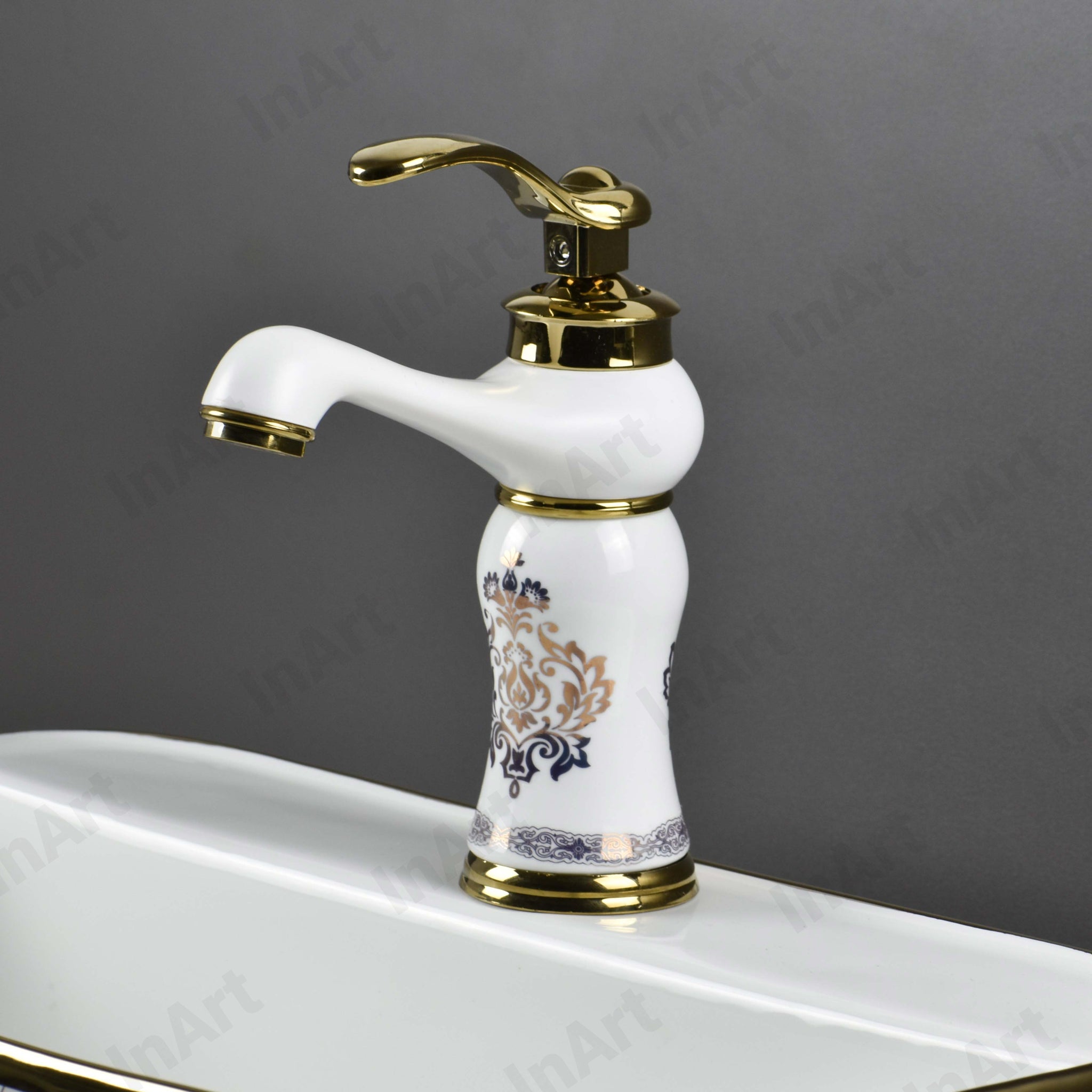 InArt Gold White Glossy Finish Basin Tap - Hot & Cold Mixer, Single Handle, Waterfall Design, Table/Deck Mount BF010