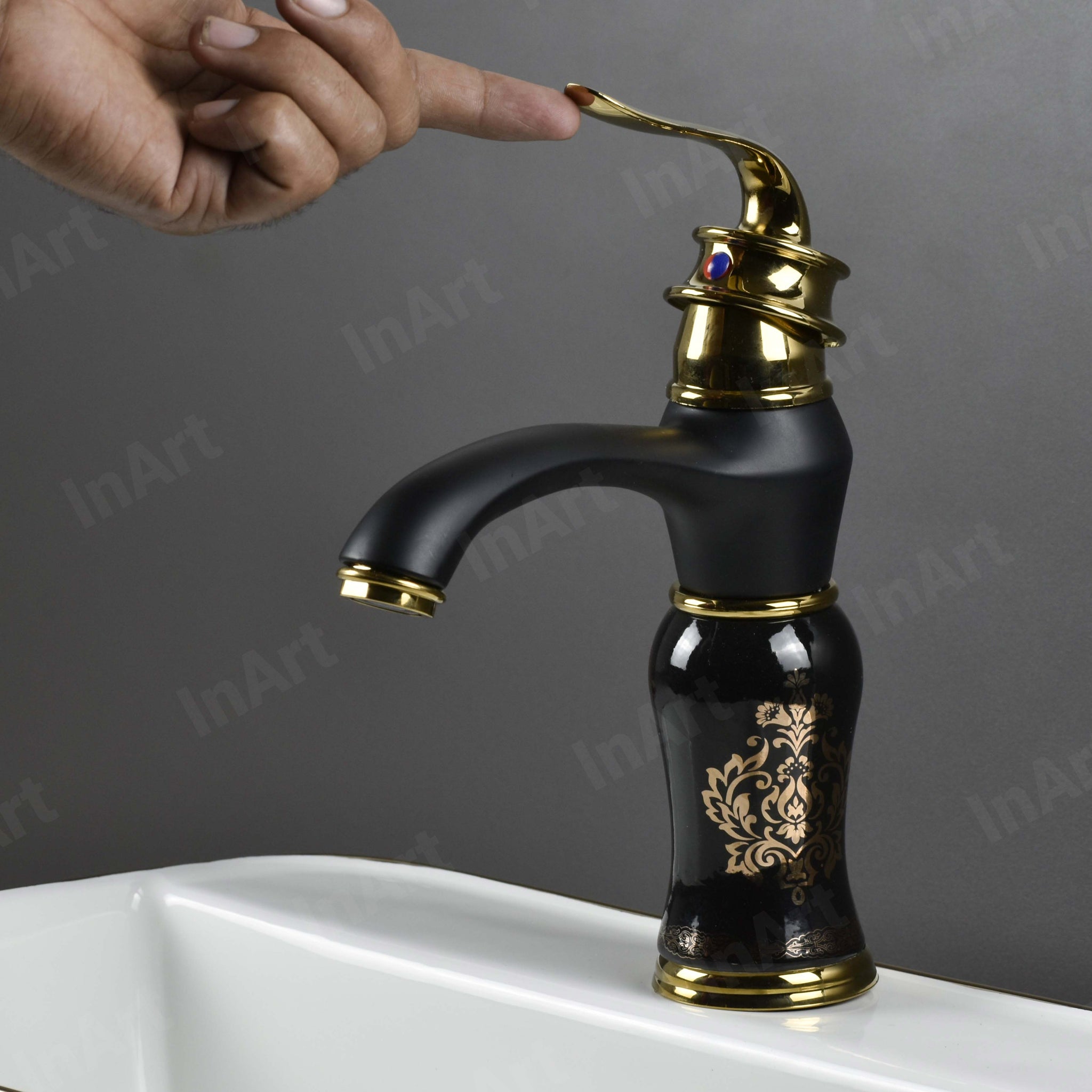 InArt Black Gold Glossy Finish Basin Tap - Hot & Cold Water Mixer, Single Handle, Waterfall Design, Deck Mount BF002