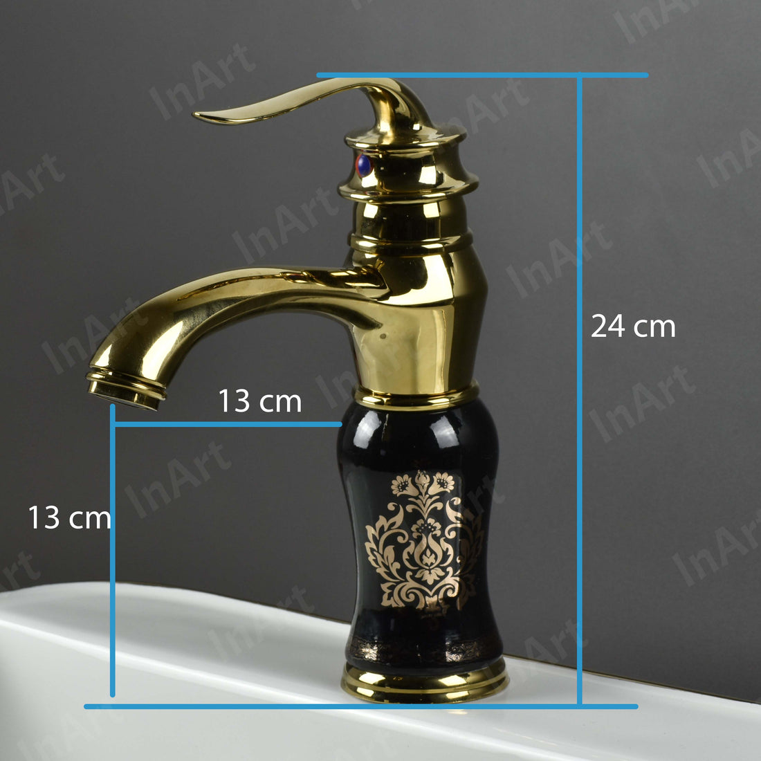 InArt Black Gold Glossy Basin Pillar Cock Tap Faucet - Hot & Cold Mixer, Single Handle, Waterfall Design, Table/Deck Mount BF001