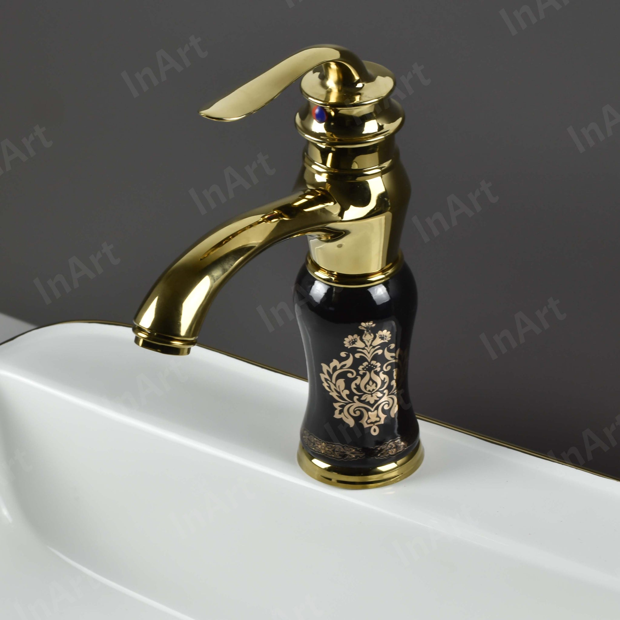 InArt Black Gold Glossy Basin Pillar Cock Tap Faucet - Hot & Cold Mixer, Single Handle, Waterfall Design, Table/Deck Mount BF001