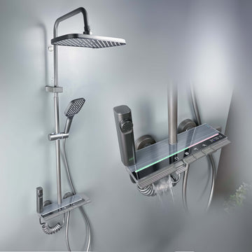 InArt Thermostatic Shower System Digital Display Shower Faucet Set Wall Mount Piano Keys Rain Shower Combo Set with 12" Shower Head, Hand Shower Spray, 2 in 1 Jet Spray, Tub Spout Gun Grey Color SP061