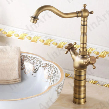 InArt Brass Antique Basin Mixer Tap/Faucet - Hot & Cold Water, Lever Handle, Deck Mounted for Bathroom & Living Room HNBF043