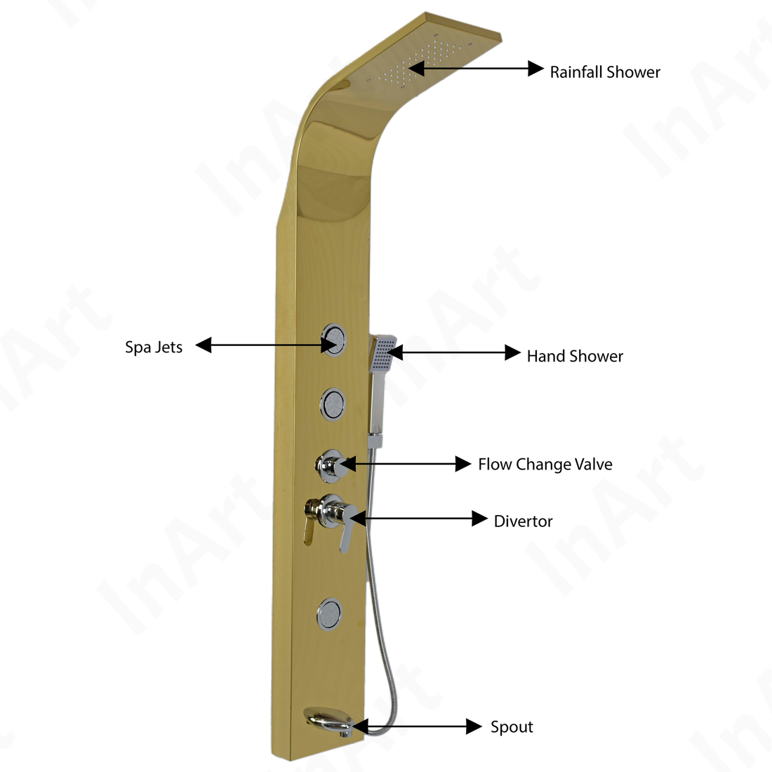 InArt Stainless Steel Shower Panel with Rainfall Shower Head, Body Nozzles, Handheld Shower, 3 Body Jets, Tub Spout, Adjustable Hot & Cold Control, Gold SP038