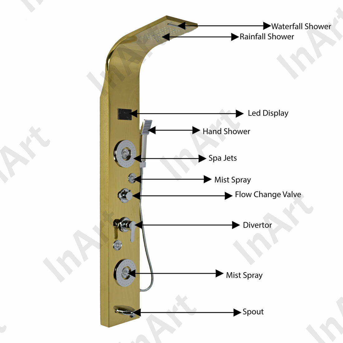 InArt LED Rainfall Waterfall Shower Head, Rain Massage System with Body Jets, Gold Stainless Steel Shower Panel Tower System SP046