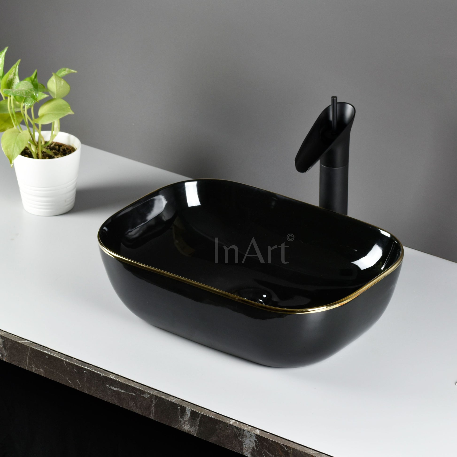 InArt Designer Ceramic Wash Basin / (Inch 18 x 13 x 5) /Glossy Finish/Counter top/Tabletop Ceramic Bathroom Sink Black Gold - InArt-Studio