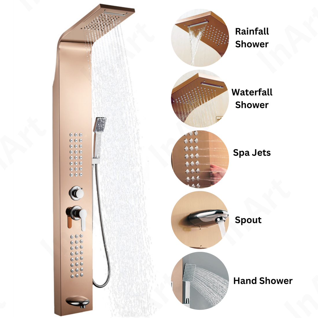 InArt Stainless Steel Shower Panel Tower System, Wall-Mount Shower Panel with Rainfall Waterfall Shower Head, Massage Body Jets, Tub Spout, Handheld Shower, Rose Gold SP053