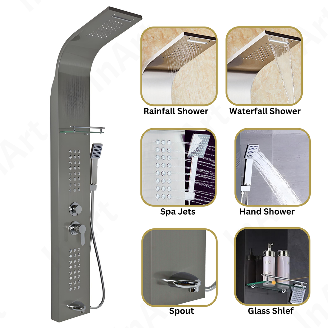 InArt Stainless Steel 304 Grade Shower Panel 5 in 1 Tower System with Waterfall, Rainfall Shower, Body Massage Spray, SS Handheld Shower, and Glass Shelf Brushed Chrome SP043