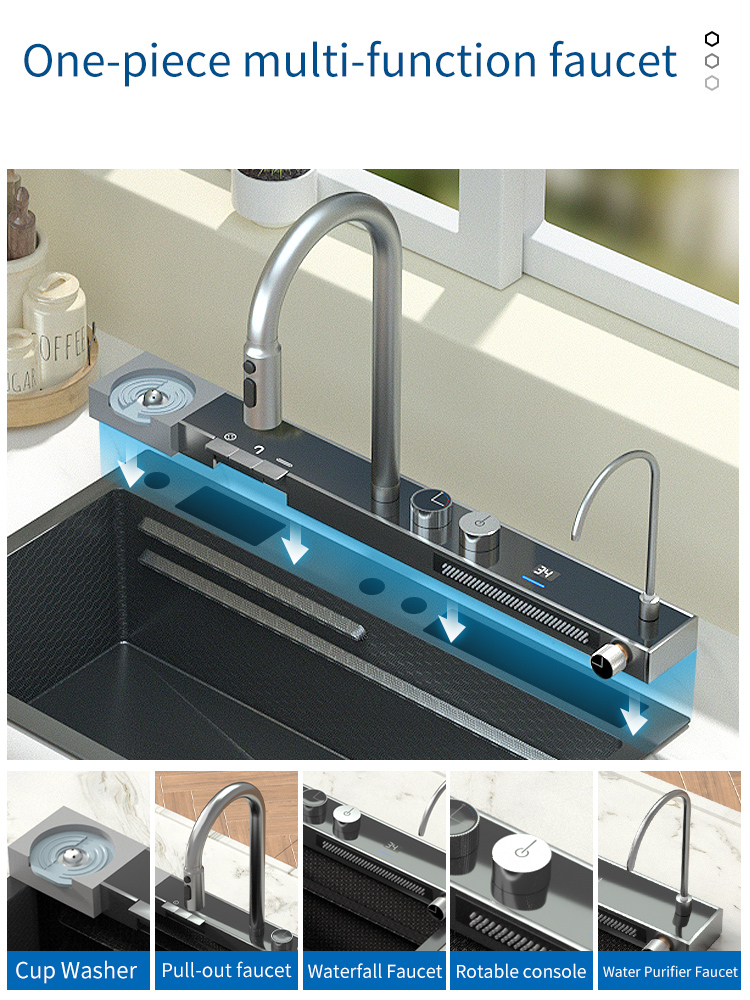 Inart Kitchen Sink With Digital Display Integrated Waterfall And Pull-down  Faucet Set 304 Grade Stainless