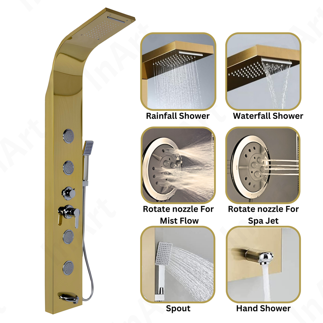 InArt 6-in-1 Rainfall Waterfall Shower Panel Tower System with 2-Mode Powerful Body Jets, Multi-Function Stainless Steel Shower Tower Rain Massage System with Handheld and Tub Spout, Gold SP050