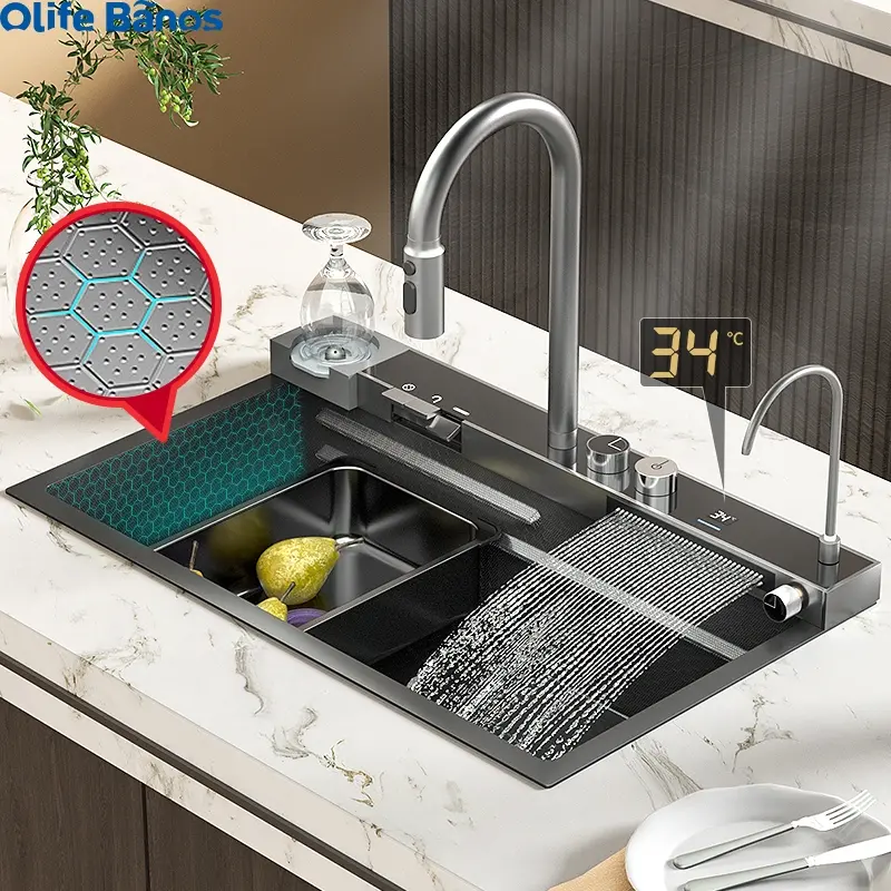 Inart Kitchen Sink With Digital Display Integrated Waterfall And Pull-down  Faucet Set 304 Grade Stainless