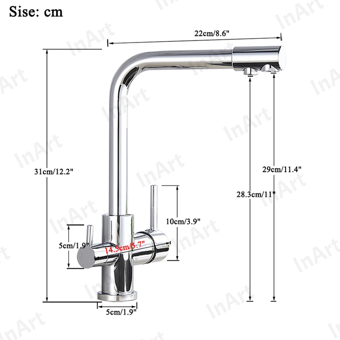 InArt Kitchen Sink Faucet with 360° Swivel Spout, Brass, 3-Way Water Filter, Dual Lever, Deck Mounted (Chrome) KSF049