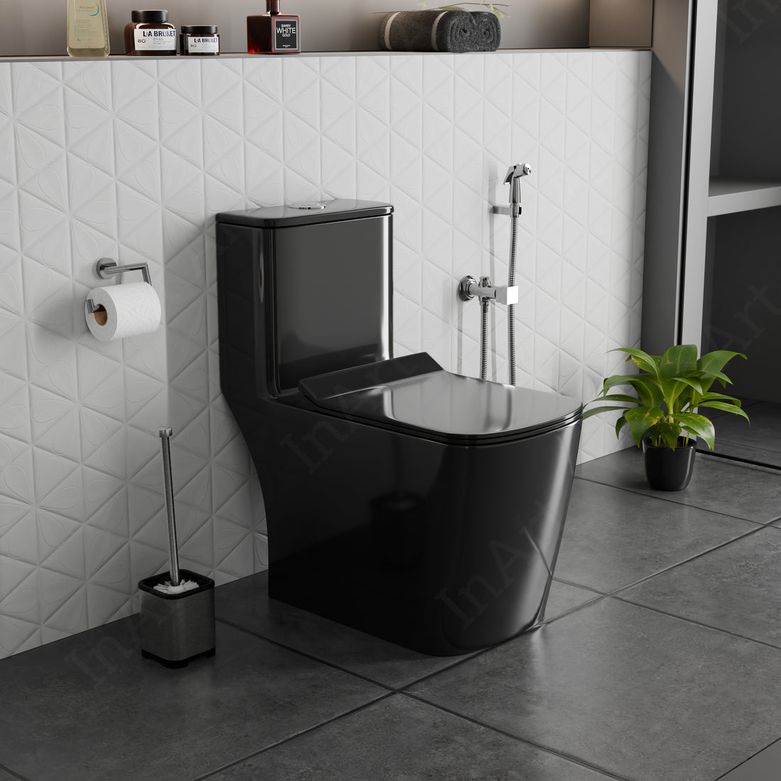 InArt Ceramic Floor Mounted Western Toilet - European Water Closet Syphonic with Soft Close Hydraulic Seat Cover and Rimless Dual Flush System, S-Trap (66cm x 37cm x 74cm)(One Piece Toilet, Black) OPT053