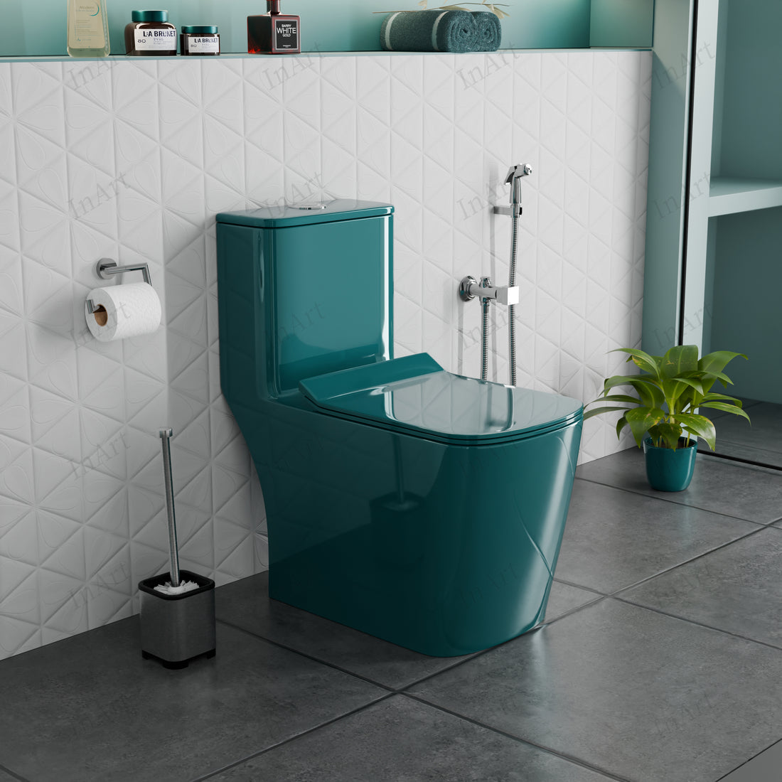 InArt Ceramic Floor Mounted Western Toilet - European Water Closet Syphonic with Soft Close Hydraulic Seat Cover and Rimless Dual Flush System, S-Trap (66cm x 37cm x 74cm)(One Piece Toilet, Green) OPT056