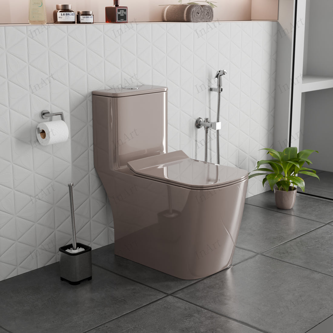 InArt Ceramic Floor Mounted Western Toilet - European Water Closet Syphonic with Soft Close Hydraulic Seat Cover and Rimless Dual Flush System, S-Trap (66cm x 37cm x 74cm)(One Piece Toilet, Pink) OPT054