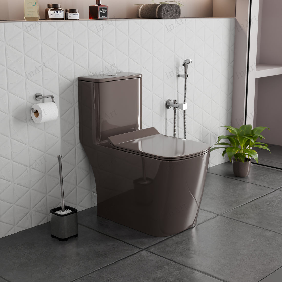 InArt Ceramic Floor Mounted Western Toilet - European Water Closet Syphonic with Soft Close Hydraulic Seat Cover and Rimless Dual Flush System, S-Trap (66cm x 37cm x 74cm)(One Piece Toilet, Brown) OPT055