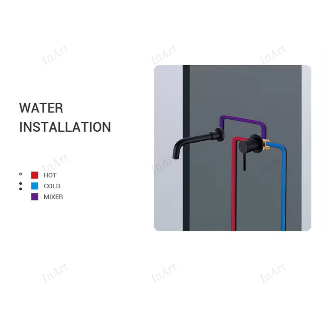 InArt Waterfall Faucet Tap | Wall Mounted Brass Basin Mixer | Concealed Parts | Single Lever | Hot & Cold Water | Modern Design | Matt Black Finish WMF006