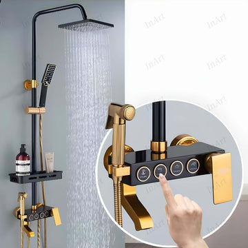 InArt Wall Mixer Shower Panel: SS304 Stainless Steel, Multi-Mode Rainfall & Waterfall, Black and Gold Finish, Easy Install, Complete Set - Black Gold Color SP055